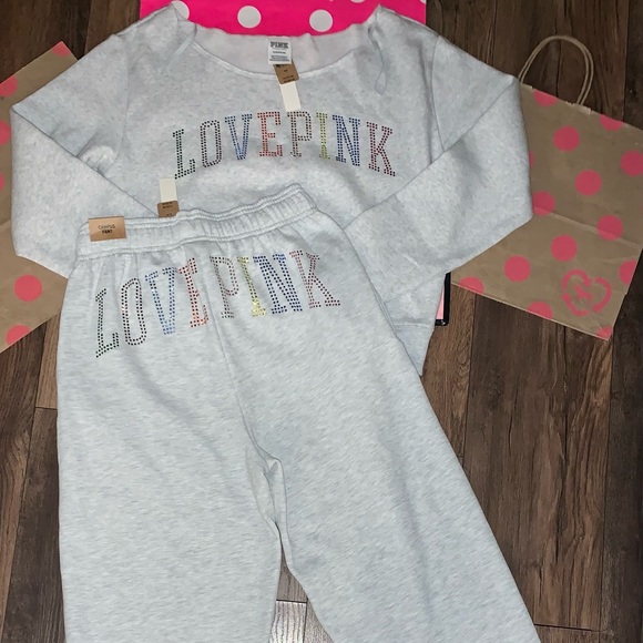 NEW VS PINK Size SMALL Rainbow Rhinestone Bling Set. Campus Pant & Sweatshirt. - Picture 10 of 14